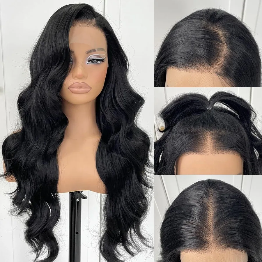 13x6 leimlose Lace-Front-Perücke, vorgezupft, synthetische lange gewellte HD-Lace-Front-Perücke, schwarze gewellte Perücke mit natürlichem Haaransatz für Dai