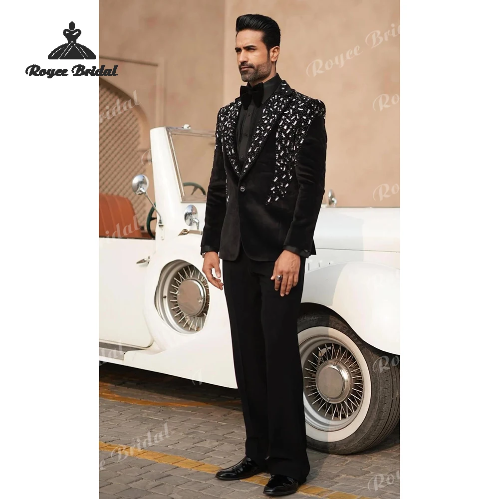 Luxury Rhinestone Two Piece Single Breasted Men's Suit Wedding 2026 Peak Lapel Evening Suit Customized trajes para hombre