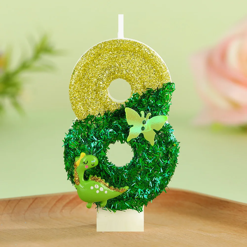 

Cute Dinosaur Glitter Birthday Number Candle Tall Glitter 3D Design Cake Topper Birthday Cake Candles Green Animal Theme Gifts