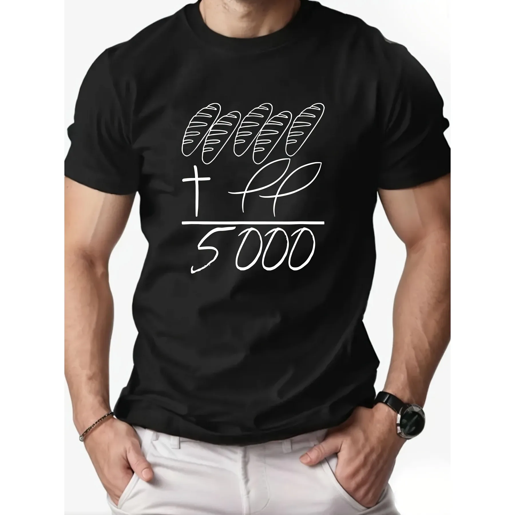 Feeding 5000 Miracle Graphic Tee Christian T-shirt en coton décontracté à manches courtes pour hommes, à porter au quotidien