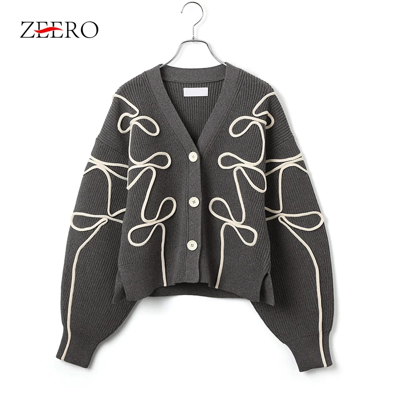 Autumn Vintage Handmade Floral Women Lantern Sleeve V-neck Knitted Cardigan Jacket Female Button Up Single Breasted Sweater Tops