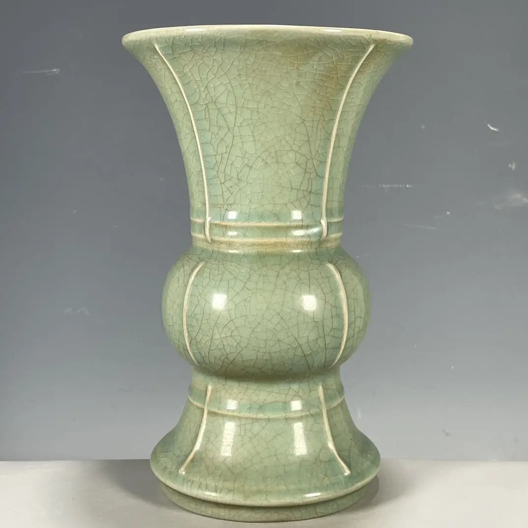 Collectible Song Dynasty Ru Ware Celadon Gu Vase, Full Natural Ice-Crack Craquelure Glaze, Antique Oriental Display Curio