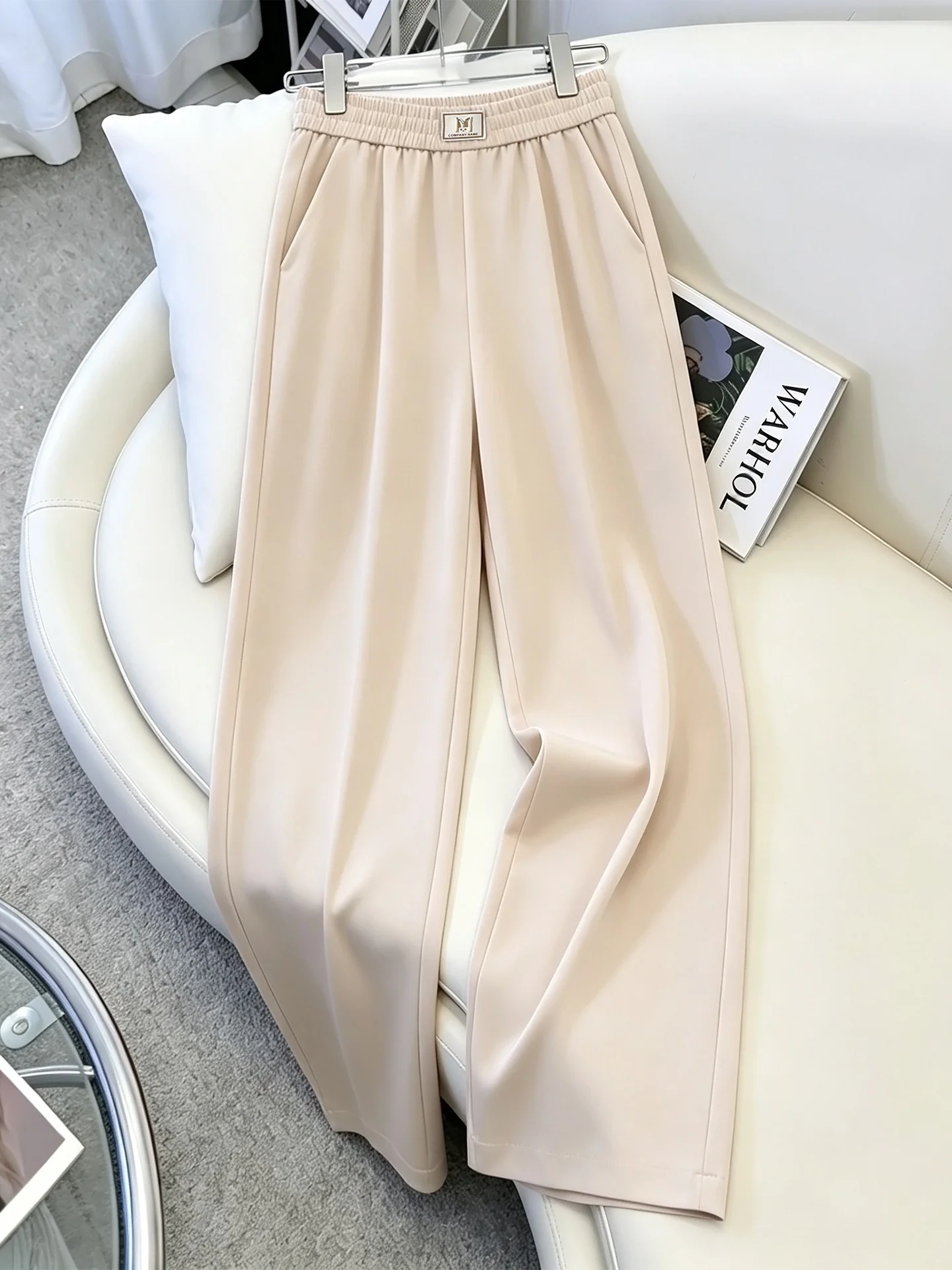 Ice Silk Slim Wide Leg Pants Women's Summer Thin Elastic High Waist Loose Casual Nine Point Straight Leg Pants