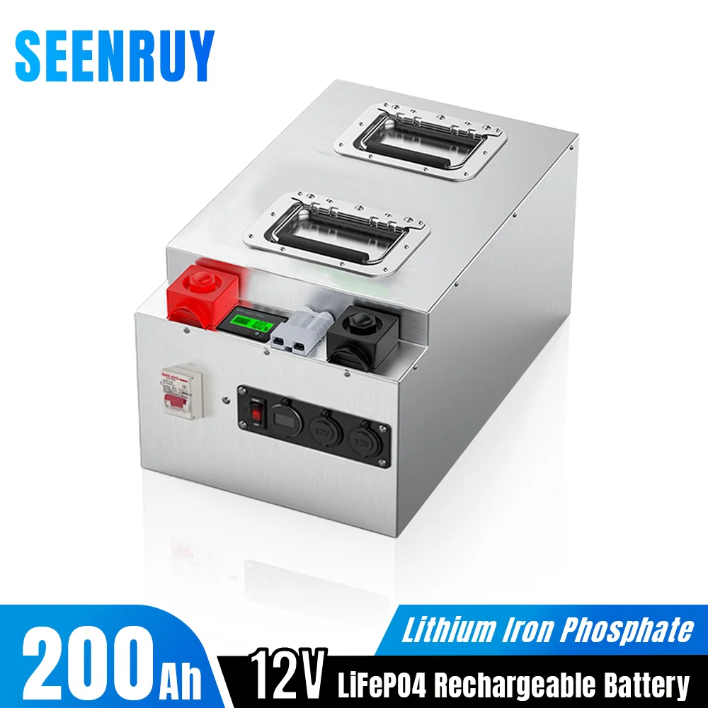

Аккумуляторная батарея Lifepo4 12 В 200 ач, глубокий цикл, Встроенный BMS опционально Bluetooth для RV, уличные камеры, солнечная энергия + зарядное устройство