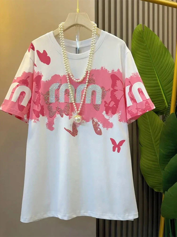 

Summer new American style versatile Loose top women high-end hot diamond short sleeved T-shirt Oversize 100kg