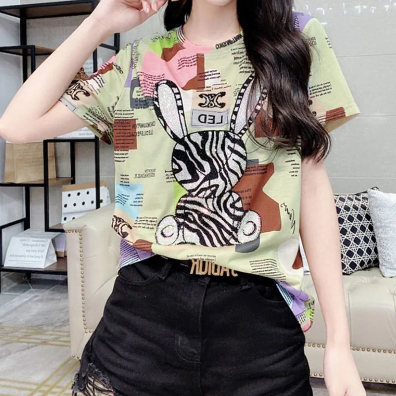 Casual Korean Printed Spliced Short Sleeve T-shirt Female Summer Fashion All-match Round Neck Pullovers Tops Women\'s Clothing