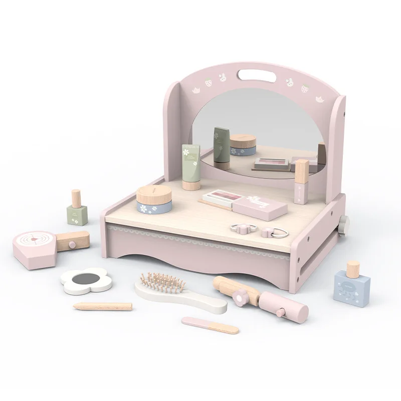 Conjunto de vaidade infantil de madeira estilo ins – brinquedo de espelho de penteadeira de princesa rosa, mesa de maquiagem simulada para dramatização infantil