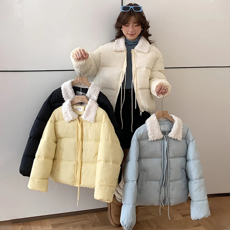

Harajuku Kawaii короткая куртка-парка женская шикарная искусственная овечья шерсть лоскутное пуховое хлопковое пальто милые универсальные студенческие зимние куртки