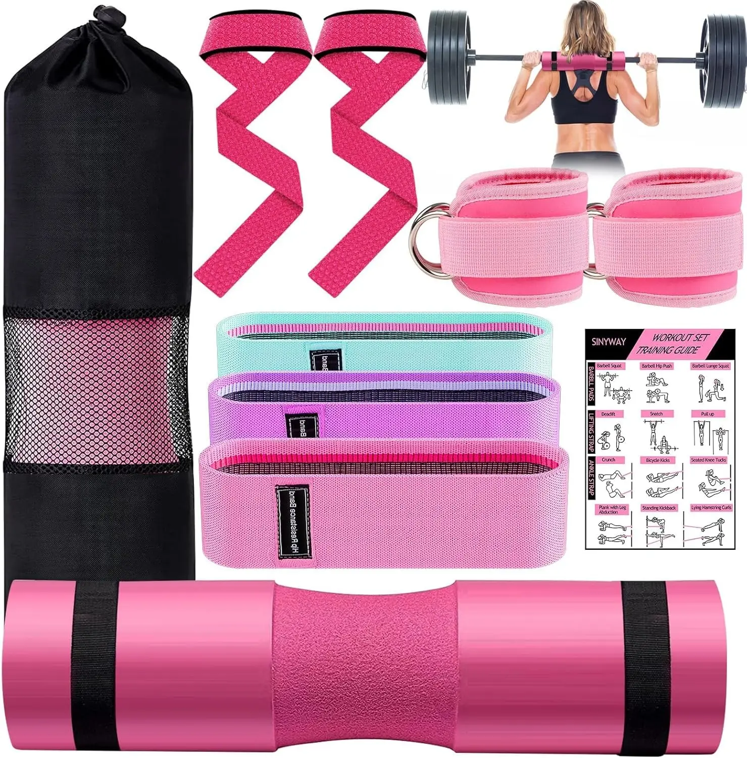 

10-Piece Barbell Pad Set with Hip Resistance Bands, Ankle Straps for Squat and Thrust Workouts