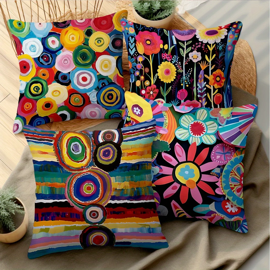 Kissenbezug, kariert, Patchwork, Mandala-Blumendruck, Kissenbezug, Heimdekoration.