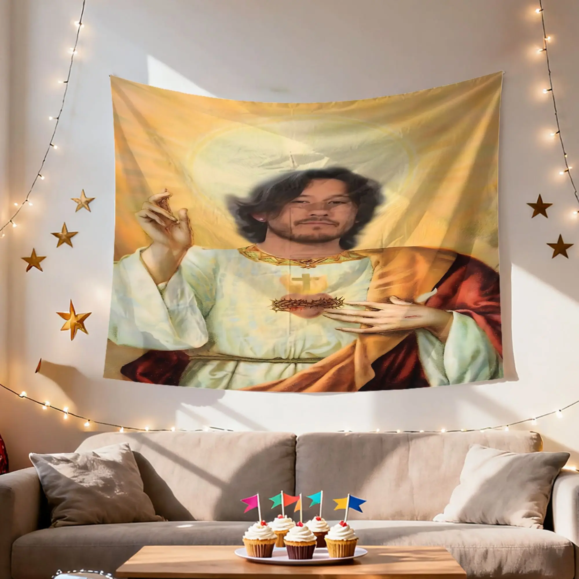 1pc L-Lucifer Xinjiang Meme Tapestry Holy Jesus Parody Wall Hanging Funny Internet Celebrity Bedroom Decor cool room stuff