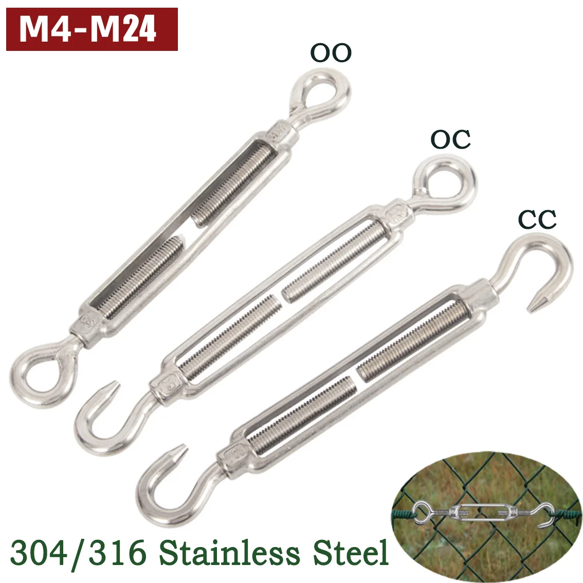 1Pcs M4 M5 M6-M24 304/316 Stainless Steel Wire Rope Tension Device Shading Net Tarpaulin Installation DIY Tools Flange Bolt Hook