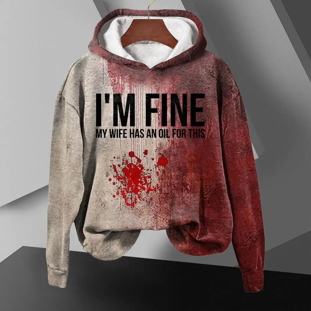 

Men's Winter Halloween Hoodie Blood Print Elastic Cuffs Retro 3D Letter Pattern Casual Hoodie