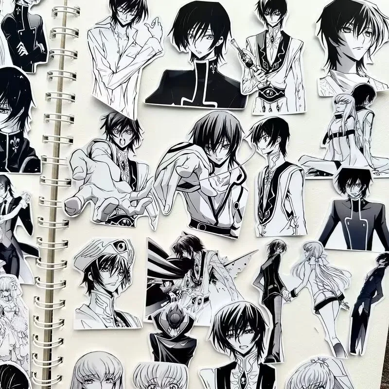 JX TOY 40pcs Code Geass Stickers Black and White Style Lelouch Lamperouge Figure Notebook Accessories C.C. Stickers Anime Toys