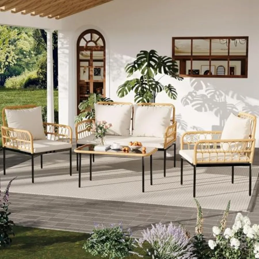 

4 Piece Outdoor Bistro Set with Rattan Design for Balcony Backyard Porch and Patio Includes Chaise Lounge 2 Chairs and Coffee T