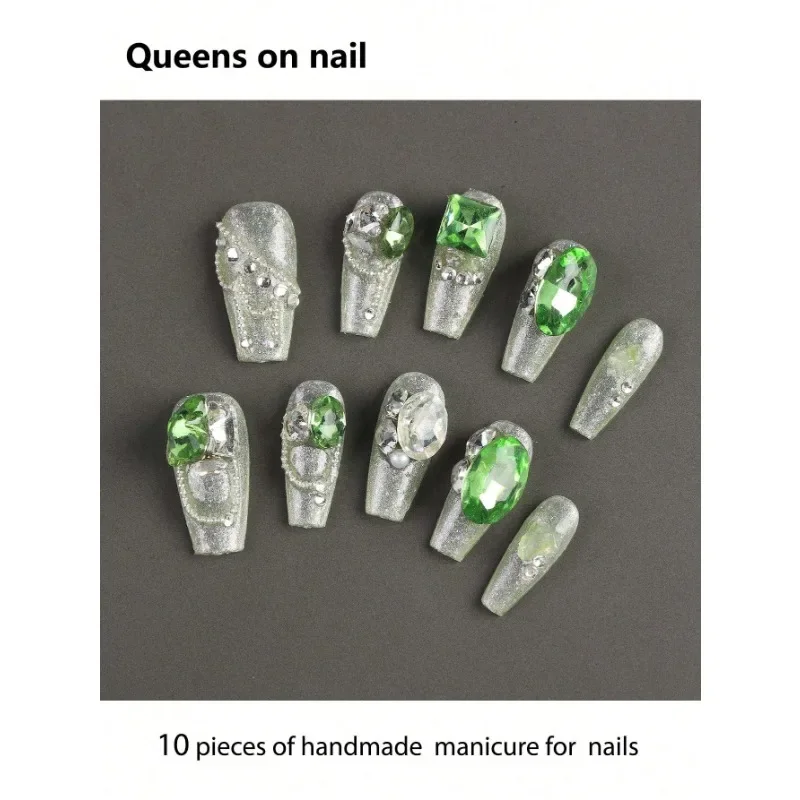 

10 Pieces Handmade press on Nails Ballerina Style Fake Nails/Sequins/Sfumato/Metallic Pearls/Oversized Sparkling Diamonds