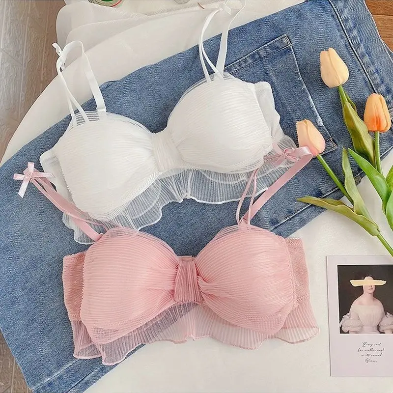 New Japanese Bras Lolita Girls Folds Bow Lovely Underwear Set Mesh Sweet Rimless Bra Comfortable Sweet Cute Bralette Sets