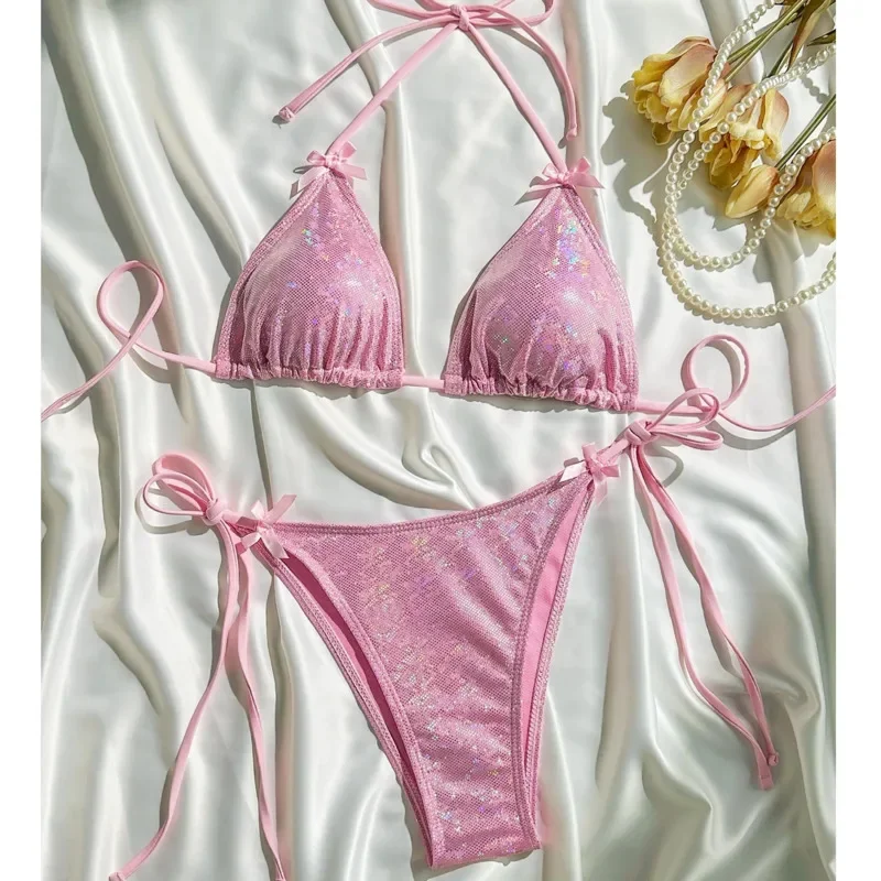 

Pink Sexy Sequin Bikinis Swimsuits Women's Swimwear Push Up Female Beach Swim Wear Bathing Suit Brazilian Bikini Set Pool Bather