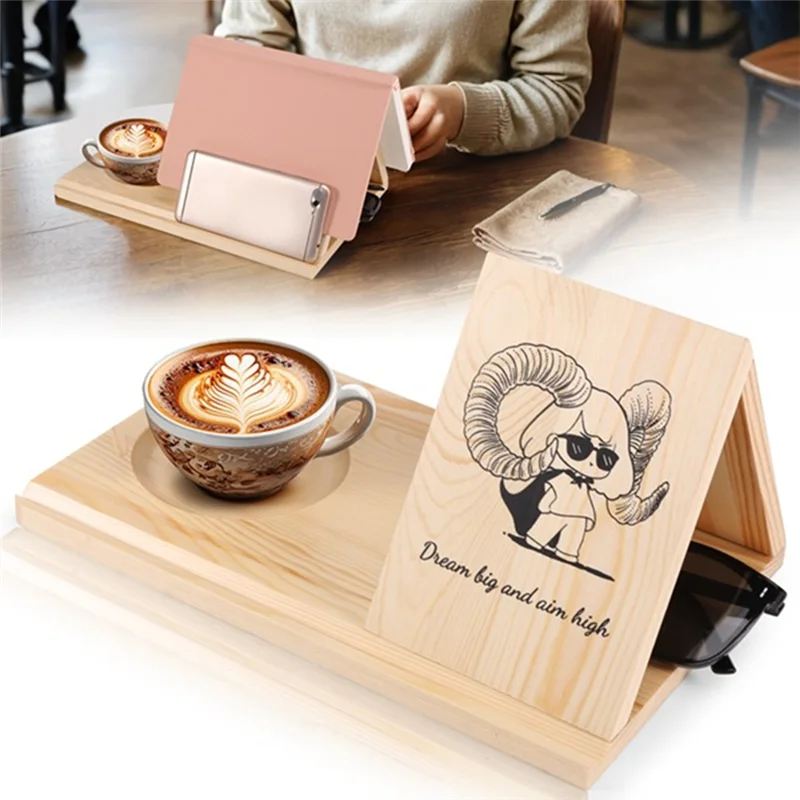 ABZS Wooden Reading Stand Removable Triangle Book Stand With Cup Holder Multifunctional Recipe Shelf For Desktop Cartoon Girl
