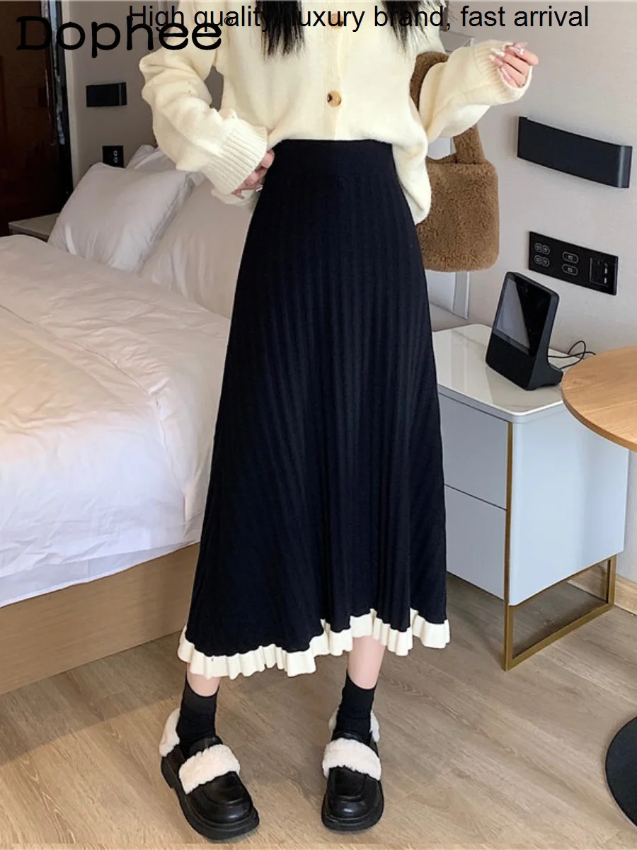 

Patchwork Fashion Ruffles Knitting Skirts Women 2023 New Autumn Winter Korean Style High Waist Slimming Mid-Length Pleated Skirt