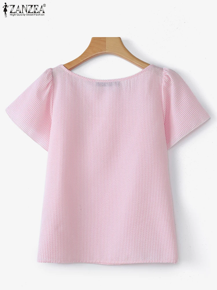 ZANZEA Vrouwen Ruches Tops Vintage Korte Mouw Blouse Casual Gestreepte Blusas O Hals Tunieken 2023 Zomer Bohemian Trui S-3XL