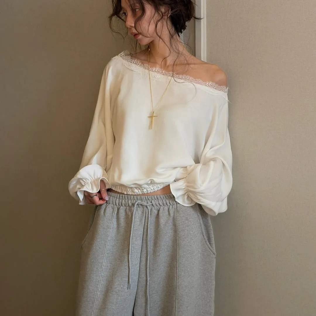 Korean Style Satin Patchwork Lace Long Sleeve One Shoulder Top Women's Loose Fit Shirt Collar Full Length Zipper Closure
