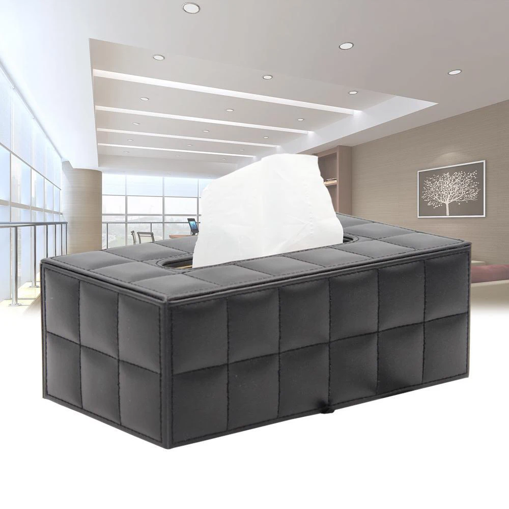 Black Leather Tissue Box Rectangular Paper Holder Car Line Grid Tissue Box Case Living Room Napkin Container Organizer Holder