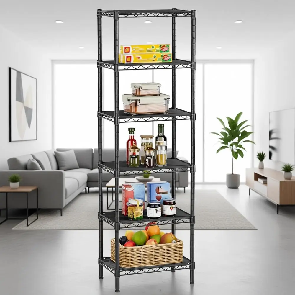 

6-ярусная регулируемая металлическая сетчатая полка-органайзер для дома, кухни, офиса, ванной комнаты, кладовой - 10 x 16 x 60, черная