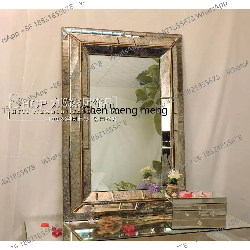 X188 Bedroom dressing mirror dining room decoration antique bathroom mirror porch wall hanging mirror square European neoclassic