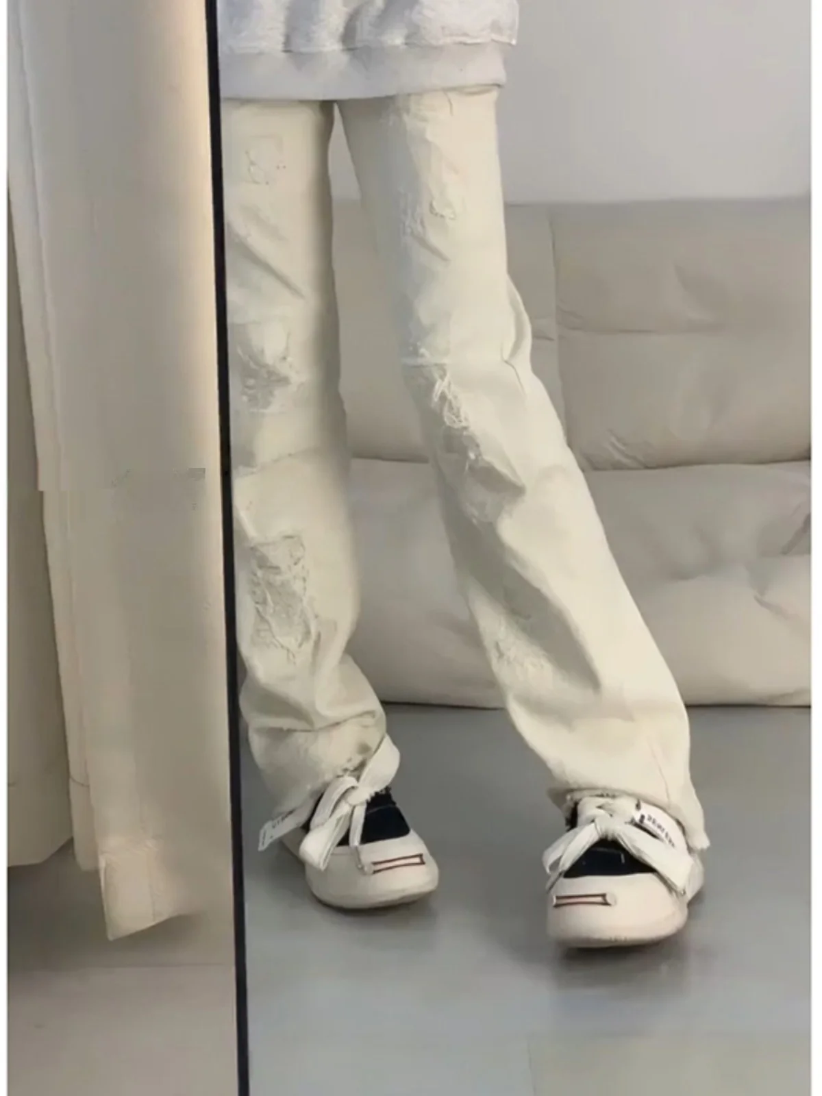 

Мужские белые джинсы с рваным краем и дырками, прямого кроя, в стиле High Street, от американского модного бренда, молодежные, популярные