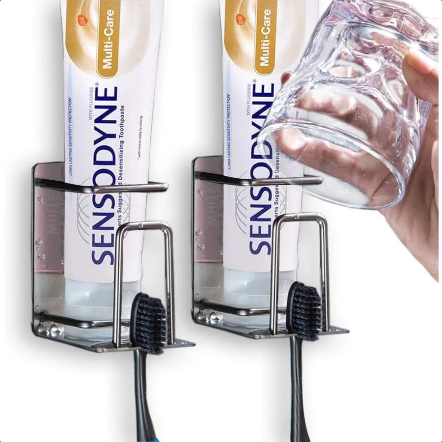 

2 Pack Toothbrush Holder 304 Stainless Steel Adhesive Wall Mounted 3 in 1 with Toothbrush Holder Toothpaste Holder and Cup Hold