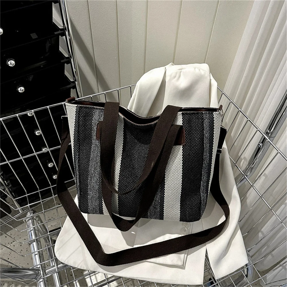 Fashion Striped Shoulder Bag Korean Style Canvas Sling Bag Small Square Crossbody Handbag Large Capacity Casual Simple Women Bag