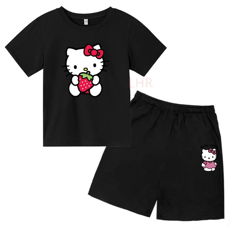 Hello kitty Children\'s Leisure Short Sleeve Round Neck T-shirt +shorts Set Age 3-12 Boys Girl Cotton Print Summer Clothing