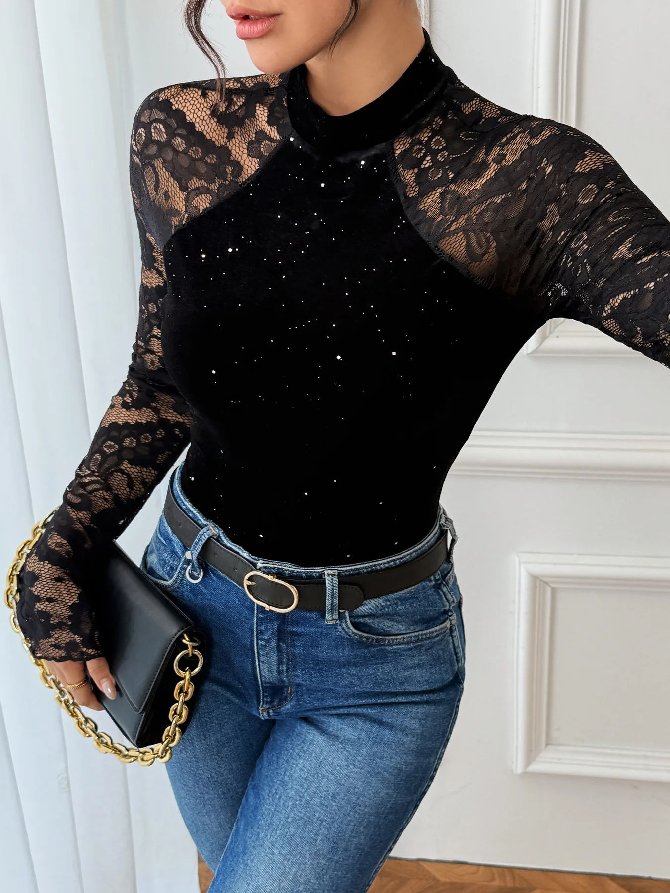 Elegant High-necked Bodysuits for Women Fashion Party Fitted Bodysuit Lace Long Sleeves Jumpsuit Bodice One-piece Slim Shapewear
