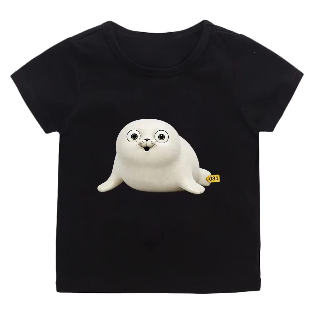 Cute White Seal Cartoon Print Short Sleeve T Shirt Soft Cotton Crew Neck