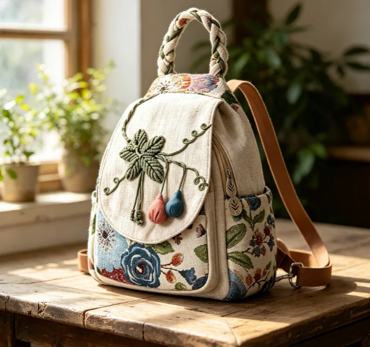 Vintage Ethnic Linen Floral Backpack Hand Woven Multi Pocket Light Literary Women Commute Travel Niche Fabric Backpack