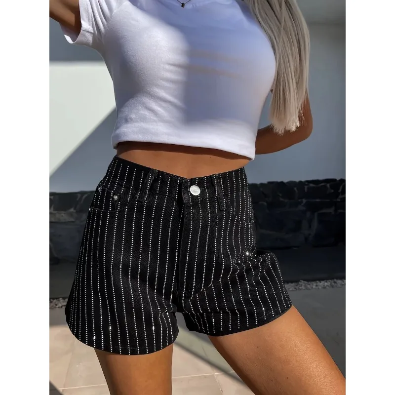 Pantalones cortos vaqueros con cuentas de diamantes para mujer, Vaqueros cortos sexys ajustados de cintura alta para calle, parte inferior Harajuku coreana Y2K