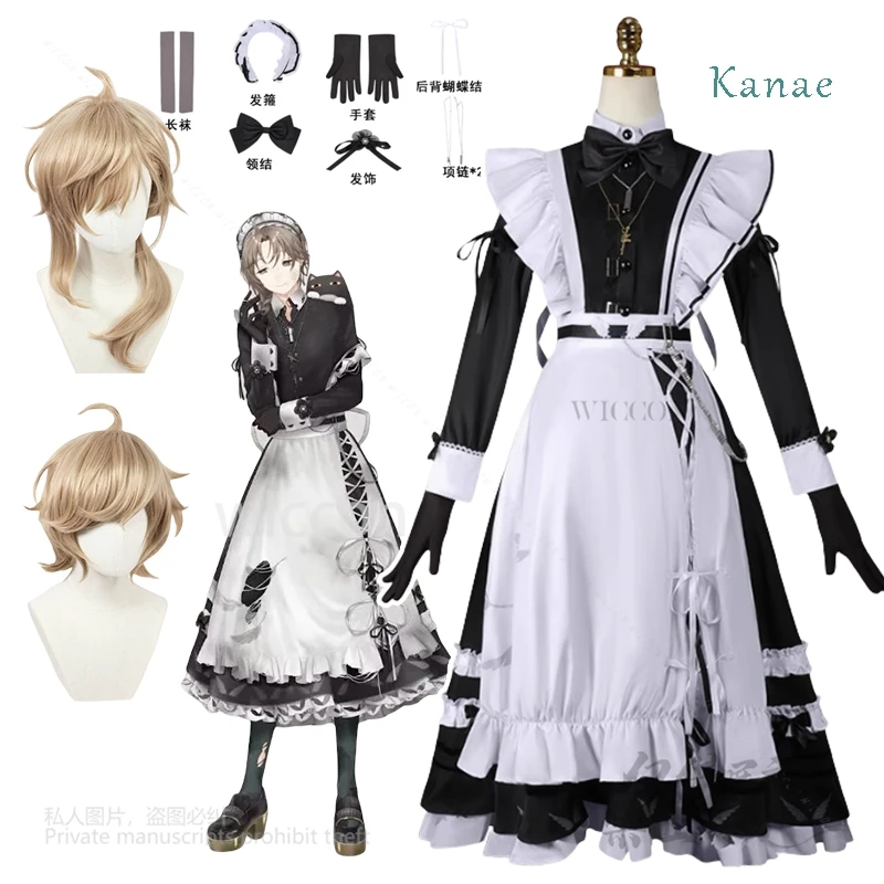 Disfraz de Anime Nijisanji V tuber Kanae, disfraz de sirvienta elegante, trajes de Cosplay, S-2XL, conjunto completo de pelucas cortas/largas para fiesta de Halloween