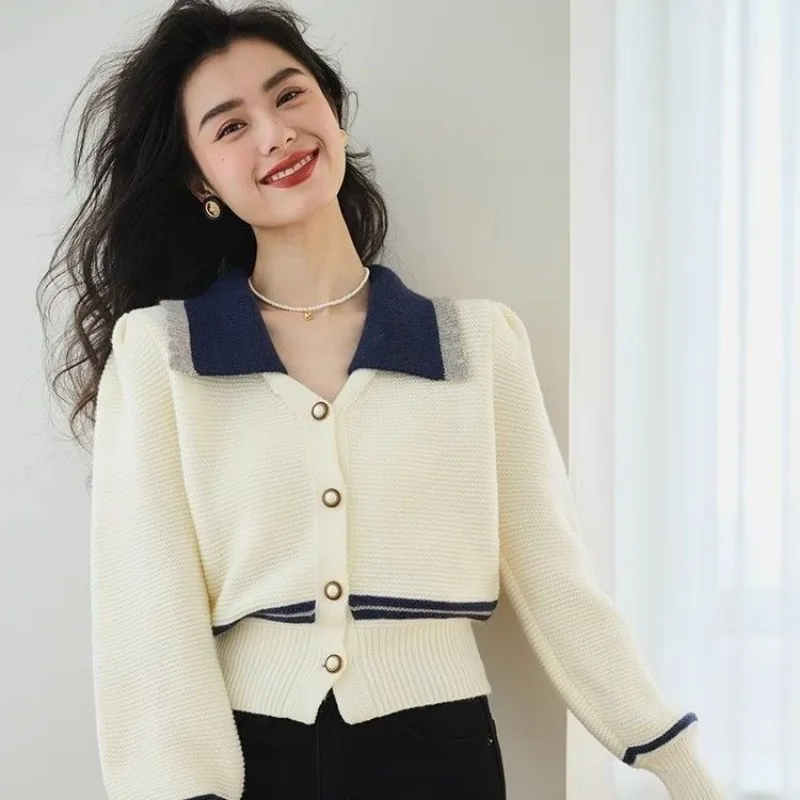 Women Clothes Spring Autumn Fashion Simplicity All-match Button Color Blocking Knitting Female Appear Thin Cardigan Loose Tops