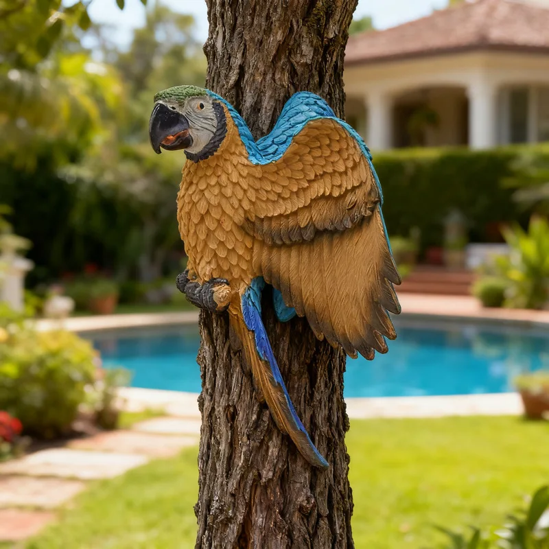 Wall‑Mounted Scarlet Macaw Parrot Ornament, Resin Simulation Bird Statue, Tree Hanging Sculpture, Indoor Outdoor Home Courtyard