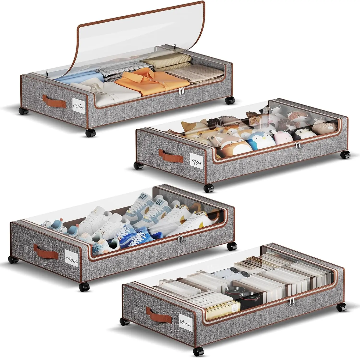 

Набор из 4 контейнеров для хранения под кроватью с колесами, крышками и этикетками, XXL 60 л, выдвижные ящики на колесиках для одежды, одеял, обуви