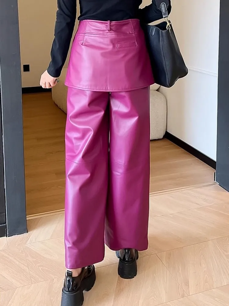 High Street Women Fake Two Piece Skirt Pants High Waist Loose Fit Wide Leg Pants New Fashion Sheepskin Genuine Leather Pants 4XL