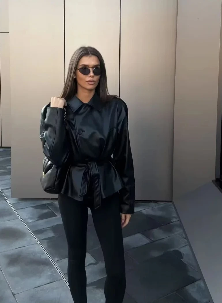 New Women Fashion Belt Imitation Leather Trench Coat Long Sleeve Short Casual Leather Coat Chic Outerwear