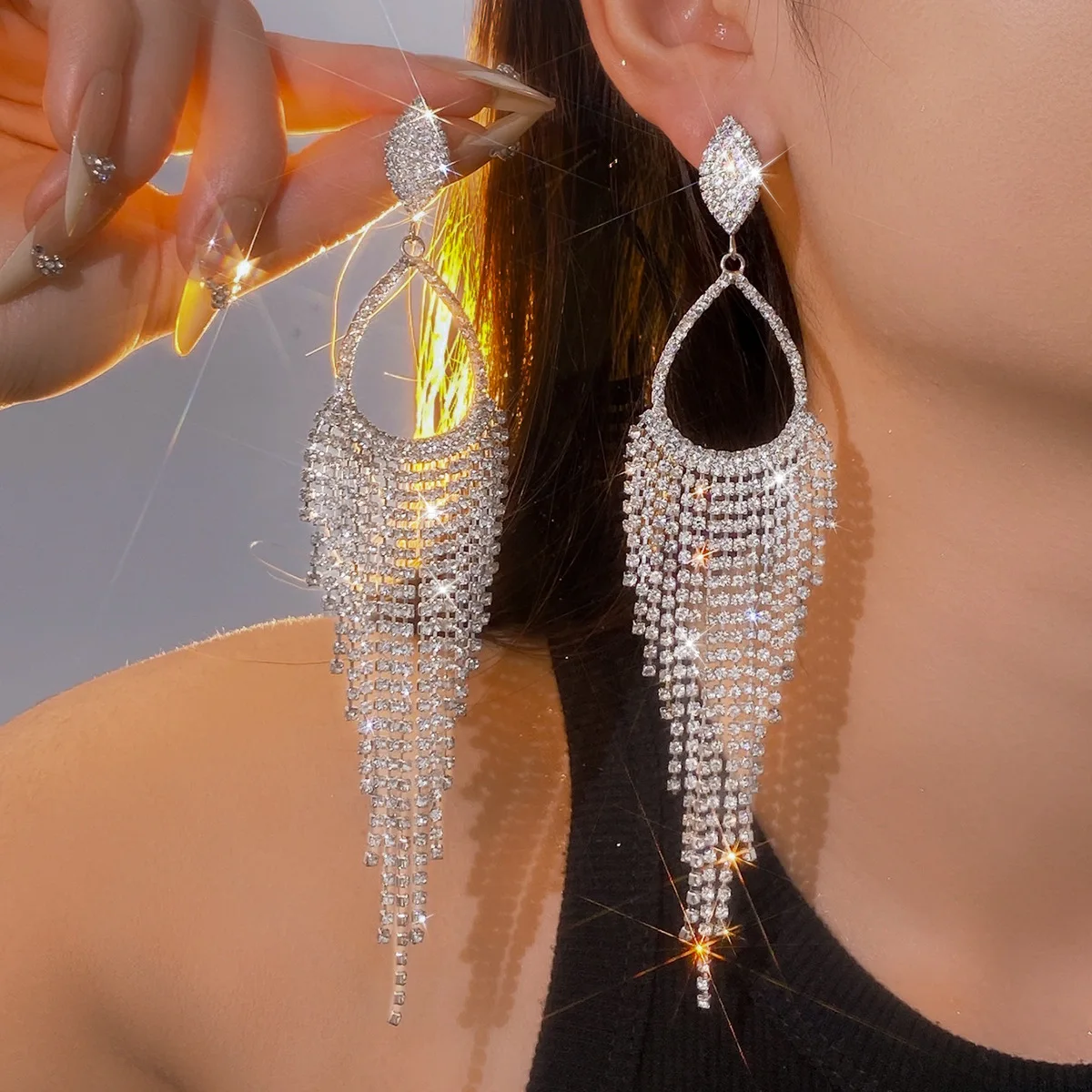 Silver Needle Diamond Drop Tassel Earrings European and American Cross-border Heavy Industry Exaggerated Trend Earrings Light Lu