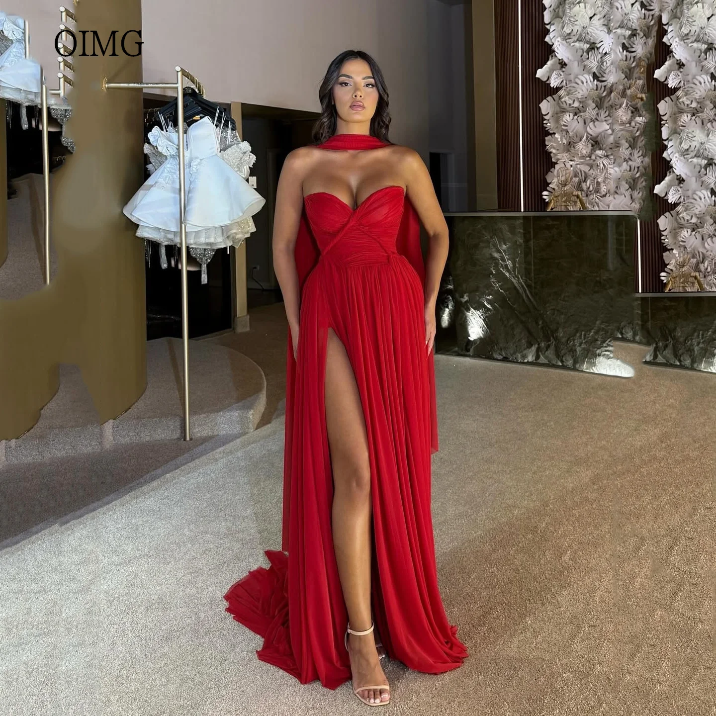 

OIMG Maxi Sweetheart Neck Red A Line Prom Gowns Sleeveless Party Gown Side Slit Floor Length Evening Dress New Customized
