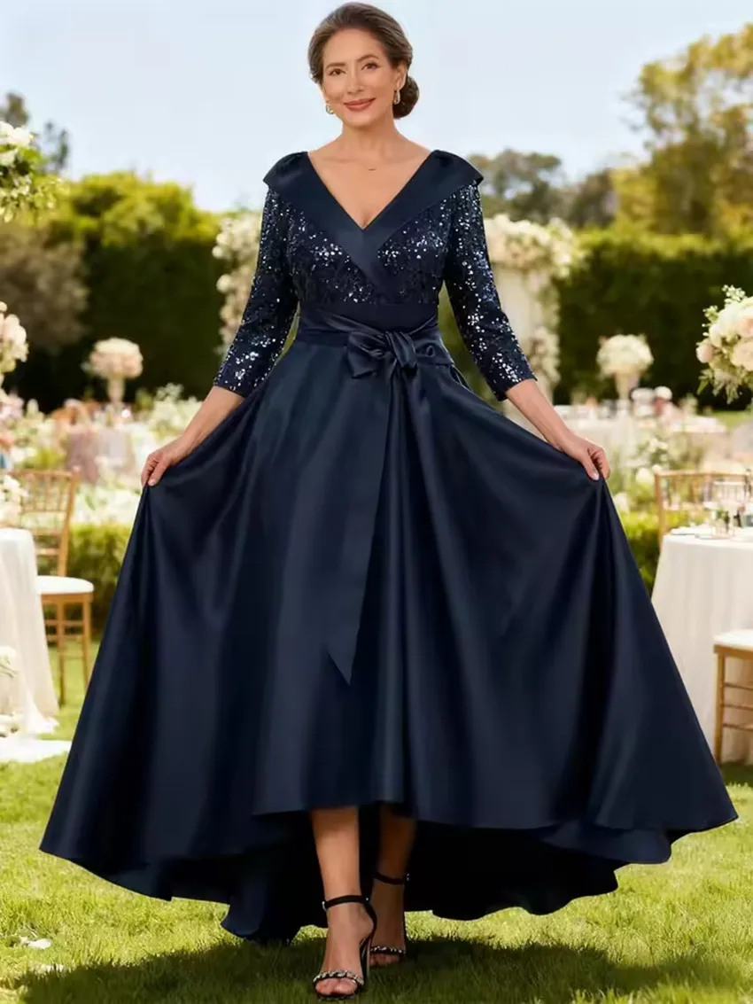 Customized Sparkly Sequin Mother of Bride Dresses V Neck High-Low  3/4 Sleeve Satin A Line Formal Evening Party Dress