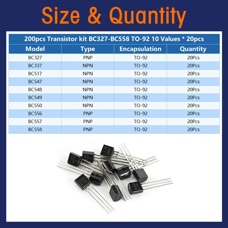 200pcs/box Transistor Kit NPN PNP BC327 BC337 BC517 BC547 BC548 BC549 BC550 BC556 BC557 BC558 TO-92 Power Transistors