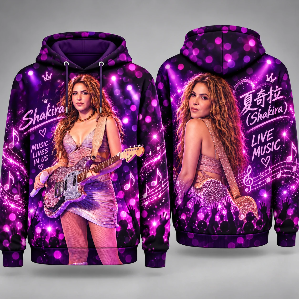Shakira Concert Graphic Hoodie, Live Music Purple Glitter Print Pullover, Pop‑Star Fan Unisex Streetwear Hooded Sweatshirt