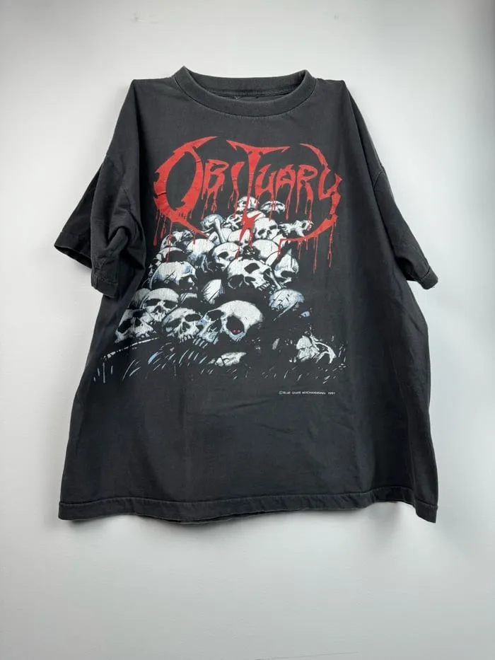 1991 Obituary Pile of Skulls UK/European tour shirt Short Sleeve T shirt NH25548