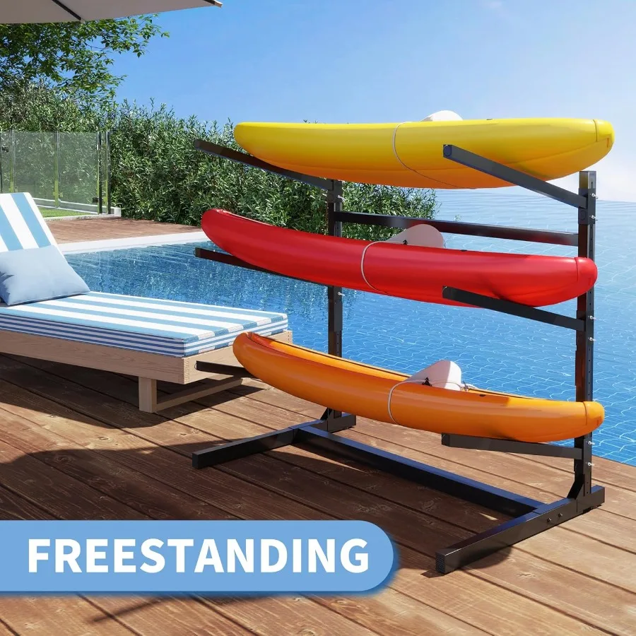 رف تخزين كاياك لـ 3 قوارب الكاياك رف كاياك قائم بذاته مع عجلات معدنية حامل كاياك داخلي رف تخزين المرآب عالي التحمل لـ